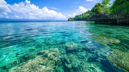 Peaceful lagoon with crystal-clear water and vibrant coral formations generated by AI