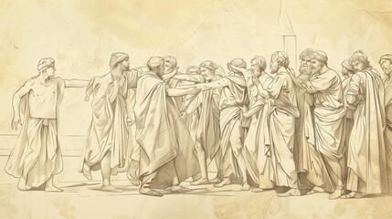 Fototapeta premium Esther 9 Biblical Illustration: Jews' Victory, Purim Feast, Celebration - Beige Background with Copyspace for Inspirational Use