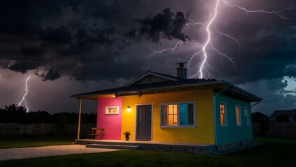  The surreal charm of colorful lightning striking a house exterior, creating an electrifying display of vivid colors against the darkness ai_generated