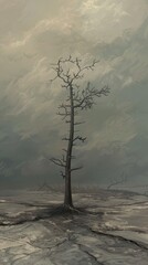 Dead tree against a dramatic cloudy sky.