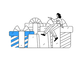 Holiday shopping people doing e-commerce online shopping flat vector concept operation hand drawn illustration
