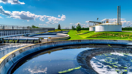 Fototapeta premium Water cascades through an industrial water treatment plant, purifying and cleaning the liquid as it flows through various stages of the process