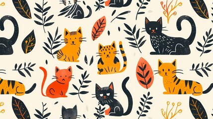 Obraz premium Retro colorful kitten plant texture illustration poster background