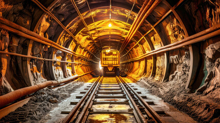 Obraz premium A lone ore cart travels along the tracks of a dusty mine tunnel, illuminated by a distant light source