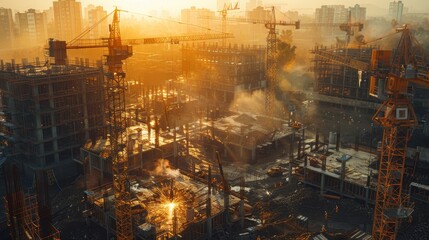 Fototapeta premium Aerial view of a city under construction with cranes silhouetted against a fiery sunset