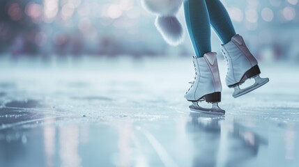 An elegant close-up of white ice skates in action on a shimmering ice rink, capturing the essence of winter sports