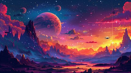 Fototapeta premium Pixel art, space exploration, planets, stars, spacecraft, vibrant colors, retro aesthetics
