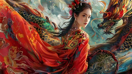Fototapeta premium Beautiful woman in the traditional Chinese colorful cloth in Chinese new year festival 
