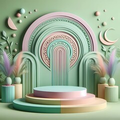 Fototapeta premium matte green pastel pedestal with decorations