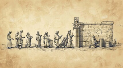 1 Chronicles 21 Biblical Illustration: David's census, resulting plague, repentance, purchase of Ornan's threshing floor, Beige Background, copyspace