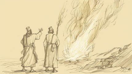 Obraz premium 2 Kings 1 Biblical Illustration: Moab's rebellion after Ahab's death, Ahaziah's inquiry to Baal-Zebub, Elijah's prophecy, fire from heaven, Beige Background, copyspace