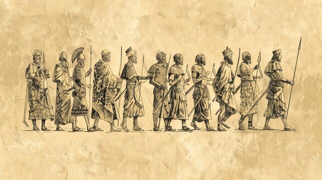 1 Chronicles 7 Biblical Illustration: Issachar, Benjamin, Naphtali, Manasseh, Ephraim, and Asher's genealogies, warriors and settlements, Beige Background, copyspace