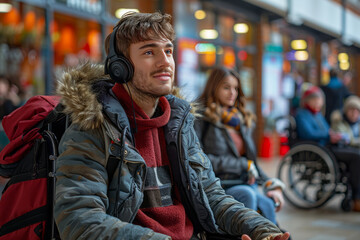 Obraz premium Man with physical disability in wheelchair and friend chatting distracted in the university,generative ai