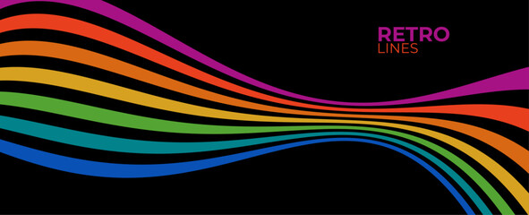 Linear vector abstract background in all colors of rainbow, retro style lines in 3D dimensional perspective. Retro Colors from the 1970s 1980s, 70s, 80s, 90s. vector illustration