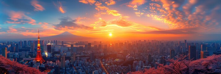 Panoramic view of Tokyo city skyline at sunset with Mount Fuji in the background and colorful clouds in the sky.