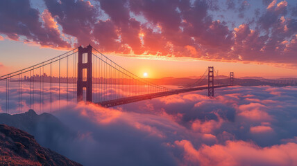 Obraz premium Golden Gate at dawn surrounded by fog,generative ai