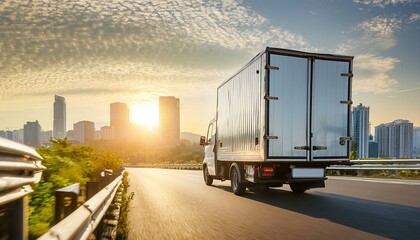 truck driving on the road at sunset