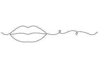 Continuous single line drawing of mouth and lips. Concept symbol of makeup and lipstick in simple linear style. Mascot icon for posters, cards, banner. Vector illustration 