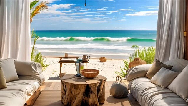 Coastal Charm: Beach House Interior with Sandy Hues, Driftwood Accents, and Ocean Views. Concept Coastal Decor, Beach House Style, Sandy Hues, Driftwood Accents, Ocean Views