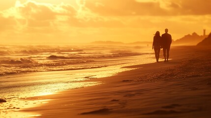 Fototapeta premium Warm-toned image of a couple walking hand in hand on the beach during a stunning golden sunset