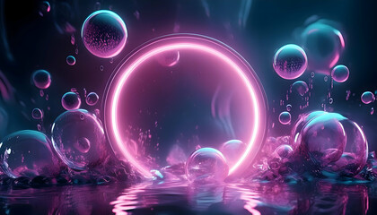 Pink and blue neon circle with bubbles underwater
Dreamy underwater scene with neon lights and bubbles neon pink light ring illuminating abstract bubbles 