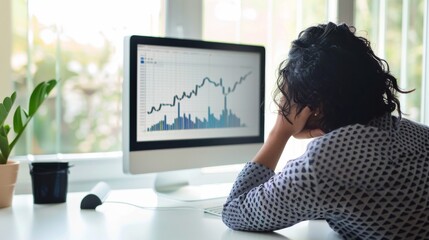 Woman analyzing financial data on a computer, examining a graph to study market trends in a modern office environment.
