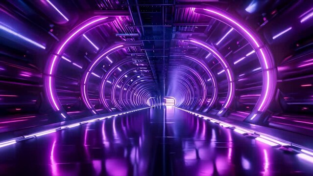 Futuristic spaceship corridor in a dark neonlit underground warehouse with reflective floor. Concept Sci-fi Setting, Dark Aesthetic, Neon Lighting, Reflective Surfaces, Futuristic Design