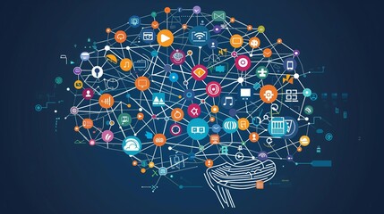 Illustrate a brain made of interconnected data lines and media icons, bursting out in all directions to signify excessive media consumption.