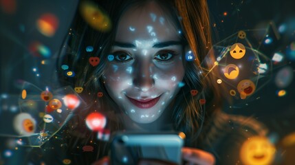 Depict a woman staring at her phone with reactions and emojis orbiting around her, showcasing the instant gratification and overstimulation from social media.