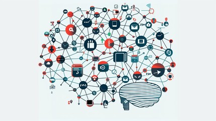 Obraz premium Illustrate a brain made of interconnected data lines and media icons, bursting out in all directions to signify excessive media consumption.