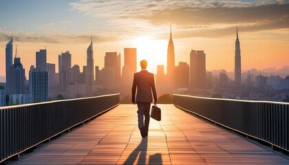 businessman walking towards the city