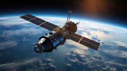 Naklejka premium Satellite orbiting over Earth in space