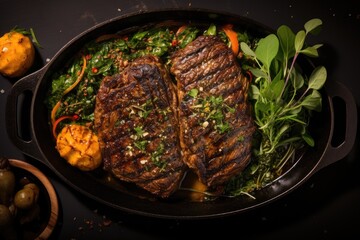 Grilled steak served on a dark plate, accompanied by fresh herbs, tomatoes, and garnishing