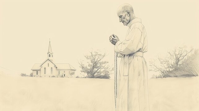 Devoted Saint John Neumann praying with a rosary, serene church background, holy atmosphere, beige background, Biblical Illustration, copyspace