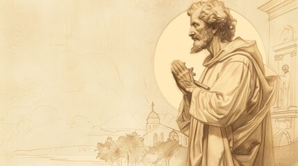 Devoted Saint Jude Thaddeus praying with a cross, serene church background, holy atmosphere, beige background, Biblical Illustration, copyspace