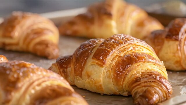 Golden croissants baking on a sheet: A close-up of the classic French pastry. Concept Food Photography, Baking, Close-Up Shot, French Cuisine