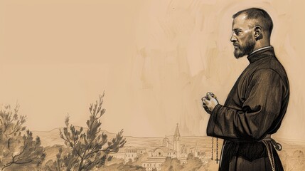 Fototapeta premium Saint Maximilian Kolbe in Franciscan habit with rosary, serene monastery background, deep faith and dedication. Biblical Illustration, Beige Background, copyspace.