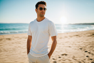 White t-shirt Mockup. Man wearing white basic tee on the beach Background. AI generated art.