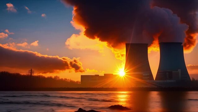 Nuclear power plant at sunset generates electric and thermal energy using atomic power. Concept Energy generation, Nuclear power plant, Sunset, Electric energy, Thermal energy