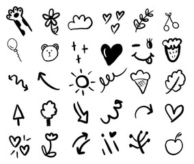 A set of cute pen line doodles featuring a collection of cats, bears, stars, hearts, flowers, scribbles, fruit, and arrows