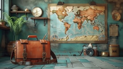 Vintage travel scene with leather satchel, world map, and retro decor in a rustic room suggesting adventure and exploration.