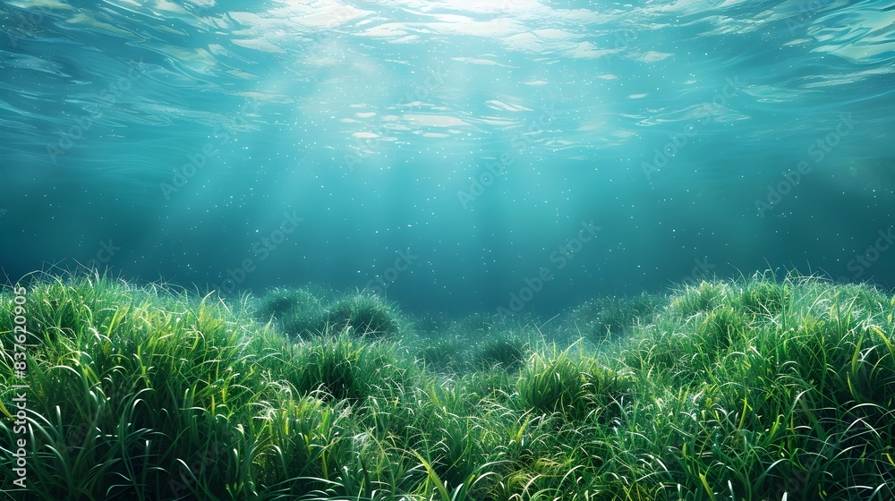 Poster serene underwater landscape with verdant seagrass and gentle currents