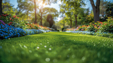 Manicured country lawn, surrounded by trees and shrubs, on a bright summer day.generative ai