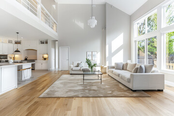 Fototapeta premium Minimalist living room interiors in neutral tones and natural lighting.