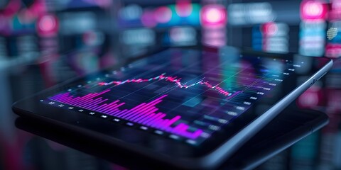 Interactive 3D Financial Chart on Tablet Screen for Real Time Market Analysis and Investment Adjustments