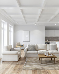 Fototapeta premium Minimalist living room interiors in neutral tones and natural lighting.