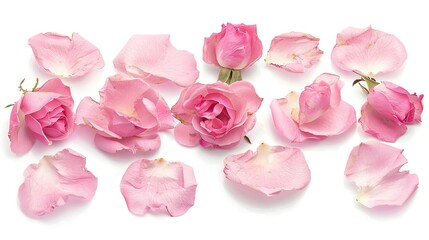 Set of pink rose flowers petals copy space  