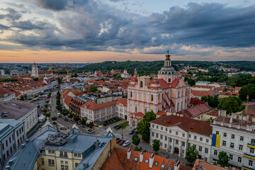 Fototapeta premium Aerial summer evening sunset view of Vilnius old town, Church of St. Casimir, Lithuania