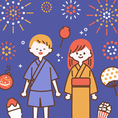 浴衣と甚平を着た子ども達と夏祭りのアイコンセット_1