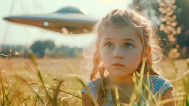 Girl in the Field Watching UFO with Copy Space and Selective Focus. Concept Girl in the Field, UFO, Copy Space, Selective Focus